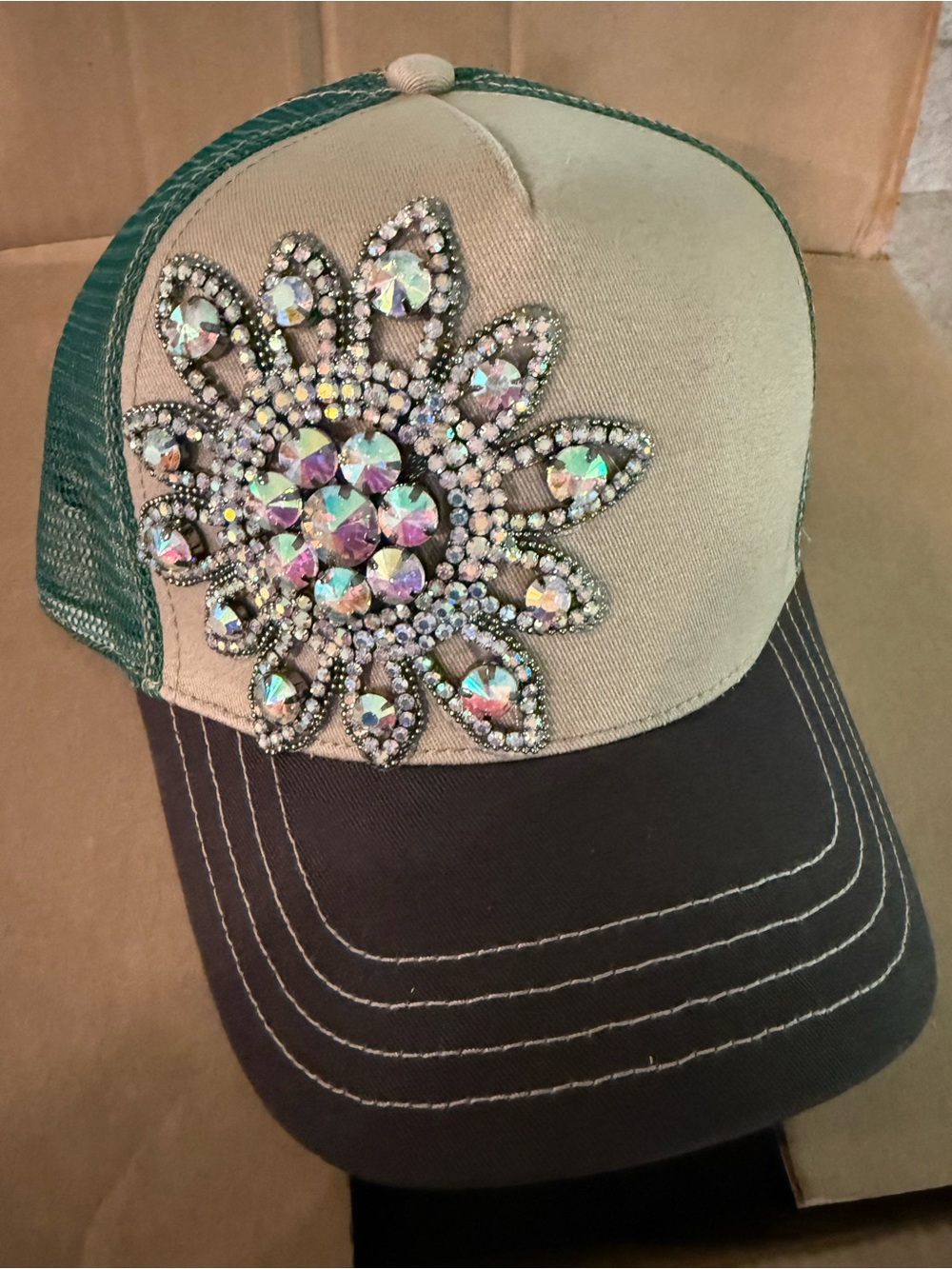 Women's Green and Black Trucker Hat with Crystal Floral Accent